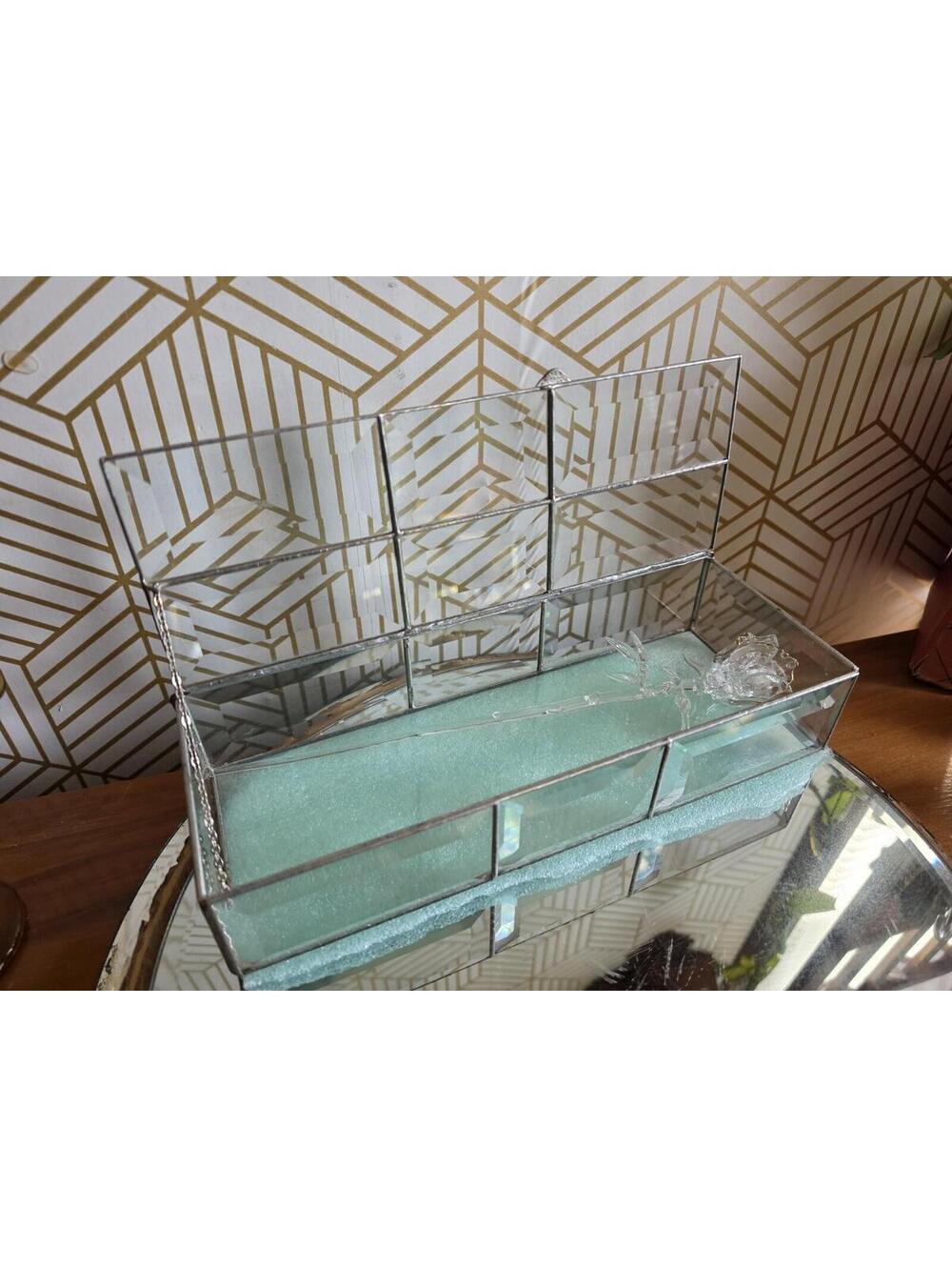 Vintage Glass Wedding Keepsake Trinket Box w Hinged Lid And Stemmed Glass Rose